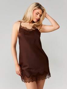 MISSGUIDED 蕾丝边吊带裙迷你长款无袖睡裙式吊带背心裙 - 棕色 - 查看 3