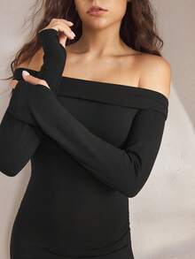 Ocili 性感露肩高开衩舒适简约长袖女式休闲连衣裙，秋季舒适装 - 黑色 - 查看 4