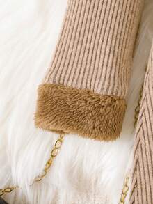 SHEIN Playful Pals 2 件女婴优雅复古时尚毛绒罗纹双面羊毛材质卡其色长袖圆领松紧腰裤套装 + 腰带，秋冬 - 咖啡棕 - 查看 4