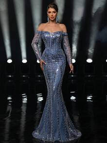 Glamrae Elegant Mist Blue Sequin Off Shoulder Long Sleeve Dress With Rhinestone Buttons,Fishtail Hem Trailing Luxury Formal Gala Wedding Event Birthday Party - Dusty Blue - View 6