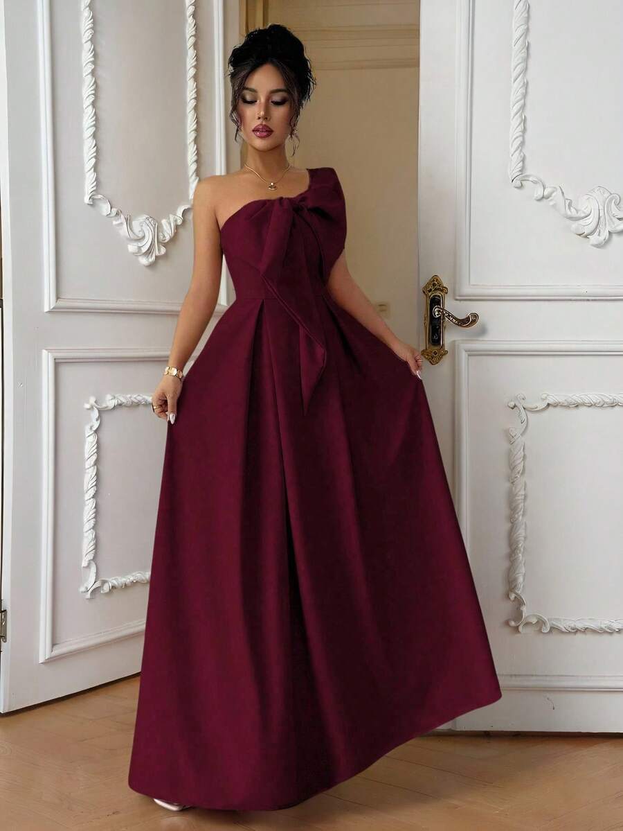 Elenzga 不对称大蝴蝶结腰A字优雅浪漫女装 - 酒紅色 - 查看 1