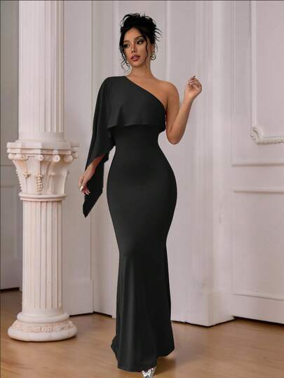 Selianne 1pc Women Elegant Solid Color One-Shoulder Bat-Wing Fishtail Hem Fitted Dress Maxi Women Outfit