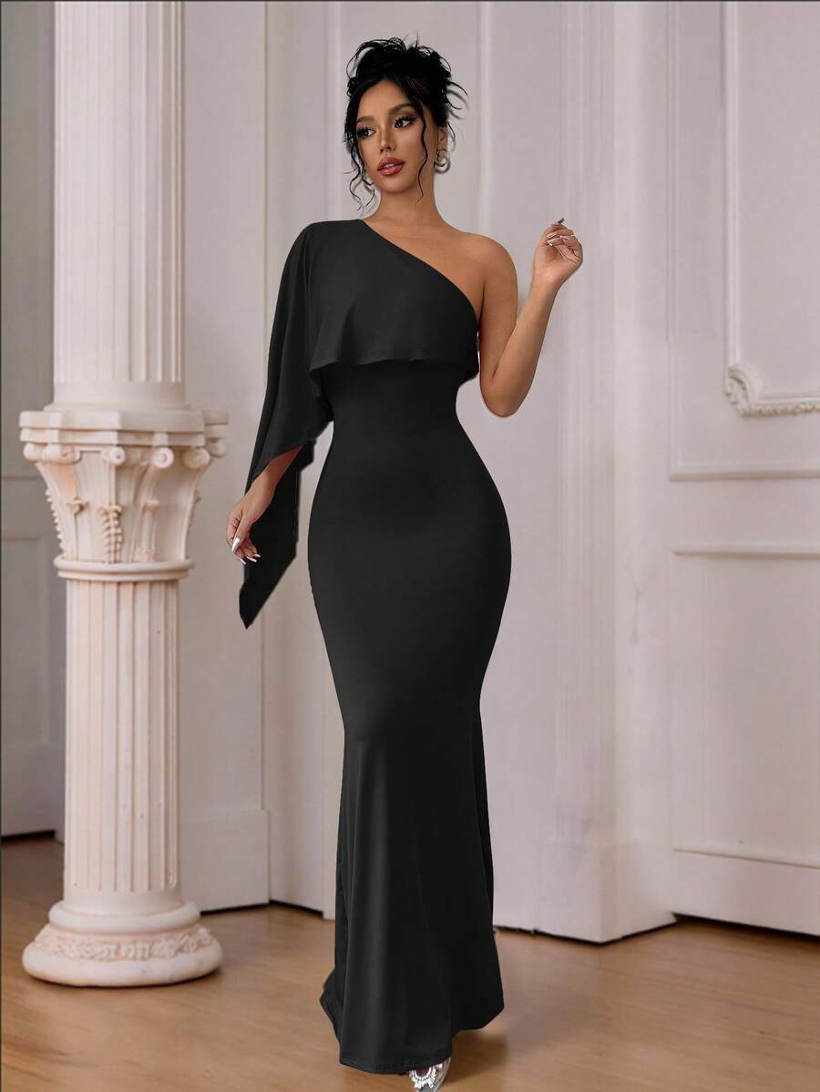 Selianne 1pc Women Elegant Solid Color One-Shoulder Bat-Wing Fishtail Hem Fitted Dress Maxi Women Outfit