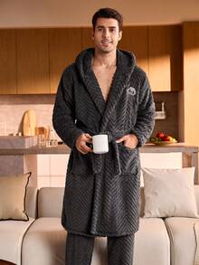 Manfinity Underwear&Sleepwear Basics 深灰色男士抓绒睡衣套装，包括睡袍和裤子，秋冬装，蓬松舒适 - 深灰色 - 查看 3