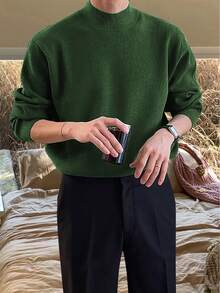 Claim Dot Men's Stand Collar Solid Color Drop Shoulder Long Sleeve Casual Loose Pullover Sweater Green Sweater Turtle Neck - Olive Green - View 6