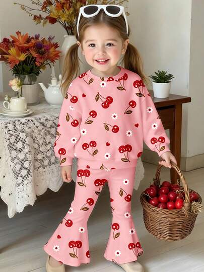 2 sztuki/zestaw dla małych dziewczynek, swobodny, modny, kreatywny, uroczy, kolorowy, wiśniowy wzór z nadrukiem, bluza z nadrukiem i rozkloszowane spodnie, strój jesienny