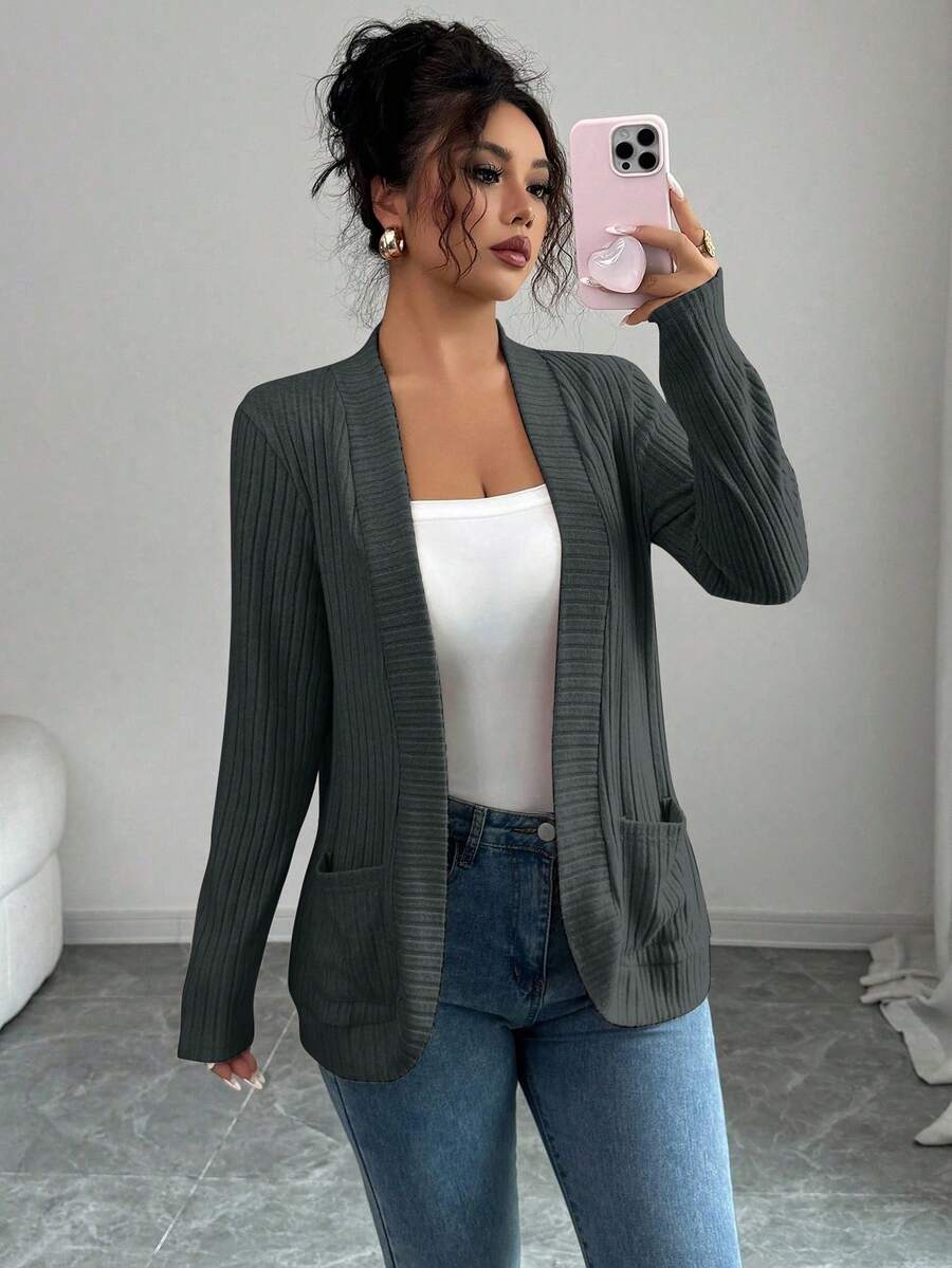 SHEIN PETITE Women's Casual Ribbed Fleece Open Front Side Pocket Short Lightweight Jacket - Grey - View 1