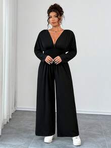 EMERY ROSE 加大码 V 领柔软针织可调节肩部连体裤，腰部有抽绳，舒适休闲、居家、旅行和度假穿着 - 黑色 - 查看 5