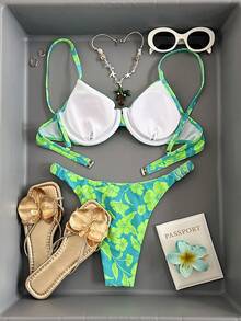 SHEIN Swim Summer Beach Floral Print V-Neck Halter Bikini Set - Multicolor - View 2