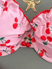 Swim Mod Women's Sweet Floral Ruffle Cherry Print Swimsuit Set For Summer Beach Vacation - Baby Pink - View 5