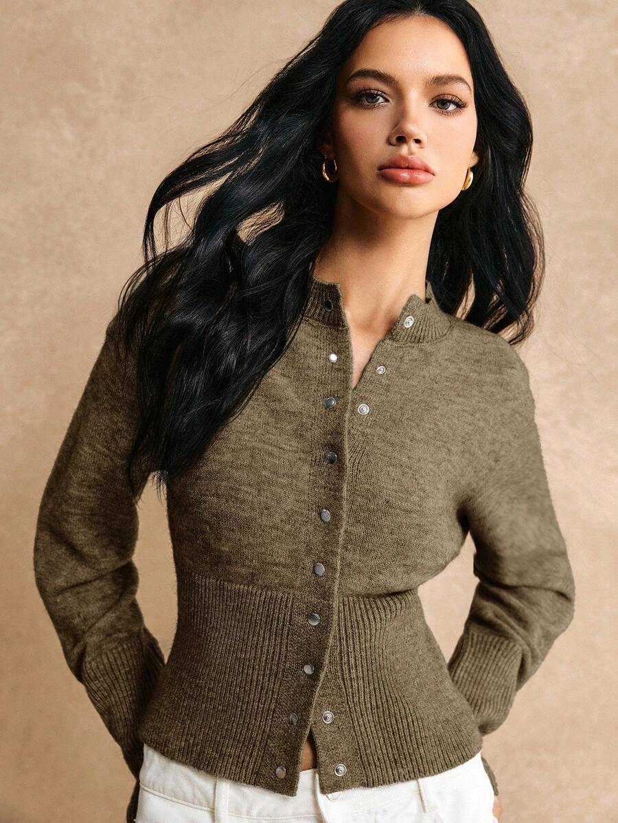 Poéselle Áo len cardigan dệt kim đơn giản, tay dài, màu trơn, cài nút phía trước, dáng ôm, ngắn, áo len nữ, áo len nữ, áo len dệt kim, quần áo mùa đông nữ, quần áo mùa thu nữ, FW24 - xanh quân đội - Xem 1