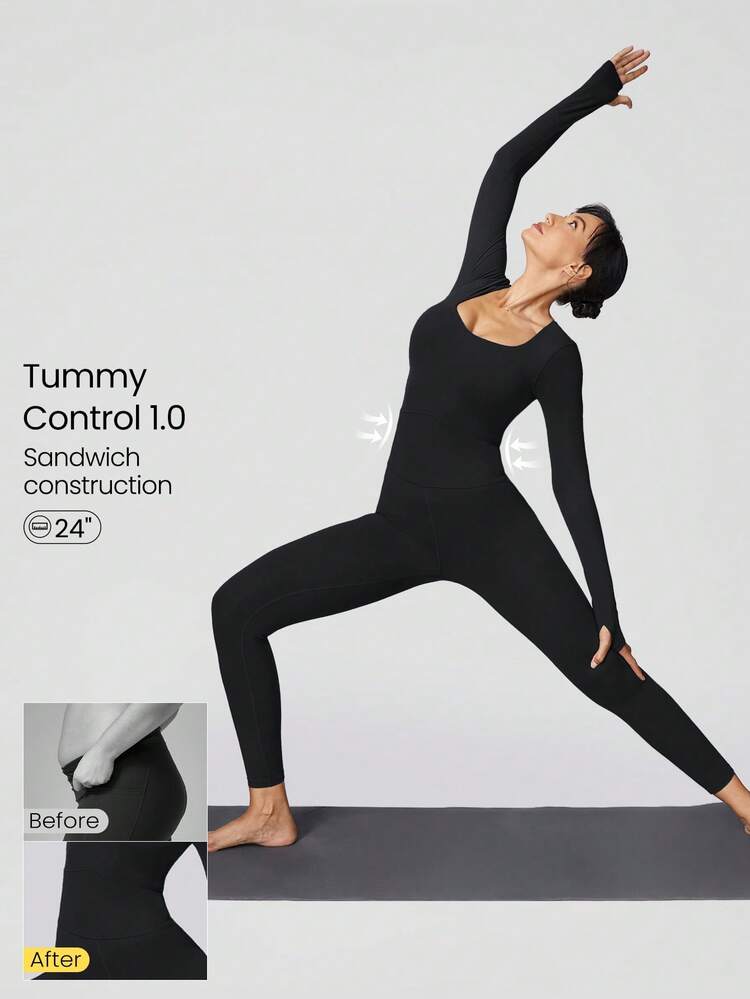 FeatherFit™ Scoop Neck Tummy Control Jumpsuit Full Length Long Sleeve