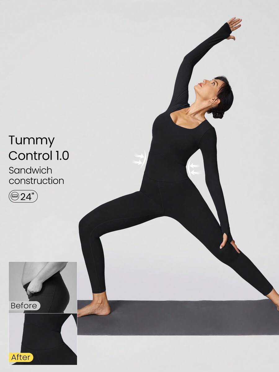 GLOWMODE FeatherFit™ Scoop Neck Tummy Control Jumpsuit Full Length Long Sleeve