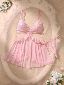 Spicy Aura Plus Size Women Contrast Lace Hollow Out Sexy Lingerie - Pink - View 6
