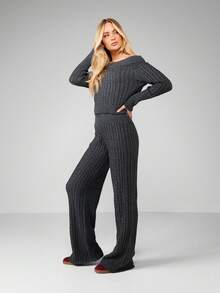 MISSGUIDED 露肩麻花针织毛衣套装冬季秋季舒适休闲阔腿裤搭配两件套服装 - 深灰色 - 查看 4