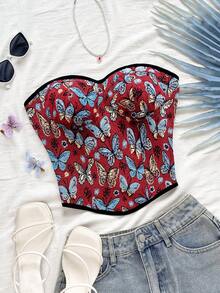 Soleia 休闲度假西部海滩婚礼宾客着装毕业早午餐女士，圣帕特里克节春假复活节音乐节优雅波西米亚热带无肩带蝴蝶提花抹胸上衣 - 彩色 - 查看 1