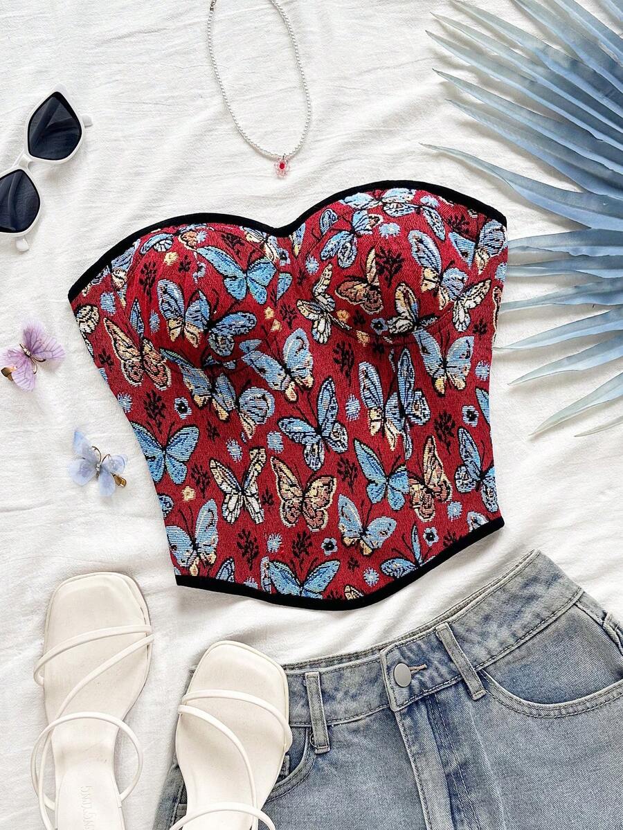 Soleia 休闲度假西部海滩婚礼宾客着装毕业早午餐女士，圣帕特里克节春假复活节音乐节优雅波西米亚热带无肩带蝴蝶提花抹胸上衣 - 彩色 - 查看 1