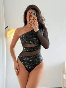 Rafferiza 时尚性感连体衣，网纱拼接，单肩设计，适合派对和聚会，女士连体衣，黑色连体衣，女士沙滩时尚连体衣 - 黑色 - 查看 6
