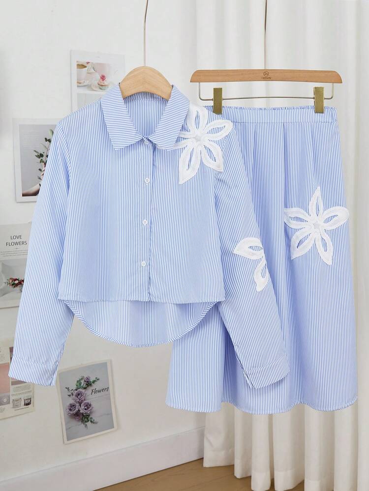 Teen Girls' Floral Pattern Striped Long Sleeve Shirt And Mini Skirt Casual Outfit - Blue and White - View 3