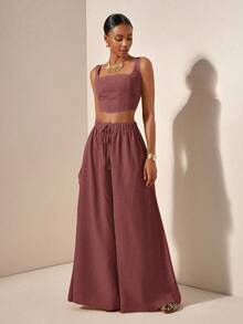 Zivah 新款春夏度假休闲鱼骨吊带上衣和阔腿裤两件套西装带口袋，纹理面料 - 款式B - 珊瑚粉 - 查看 5