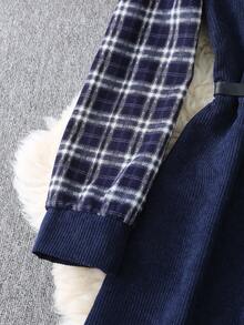 Franclia 这款百搭衬衫领灯芯绒拼接格子连衣裙，适合秋冬季日常通勤、感恩节、圣诞节等各种场合，尽显优雅气质。 - 藏蓝色 - 查看 6