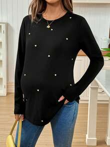 SHEIN Áo thun dài tay rộng rãi in hình trái tim cho bà bầu - màu đen - Xem 6