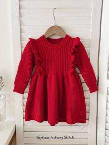 Cozy Pixies 女婴圣诞节纯色圆领荷叶边下摆长袖腰部修身针织毛衣裙秋冬装女士