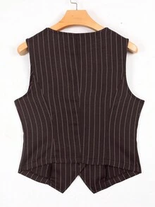 Seusyu Striped Front Button Sleeveless Women Lightweight Blazers - Burgundy - View 2