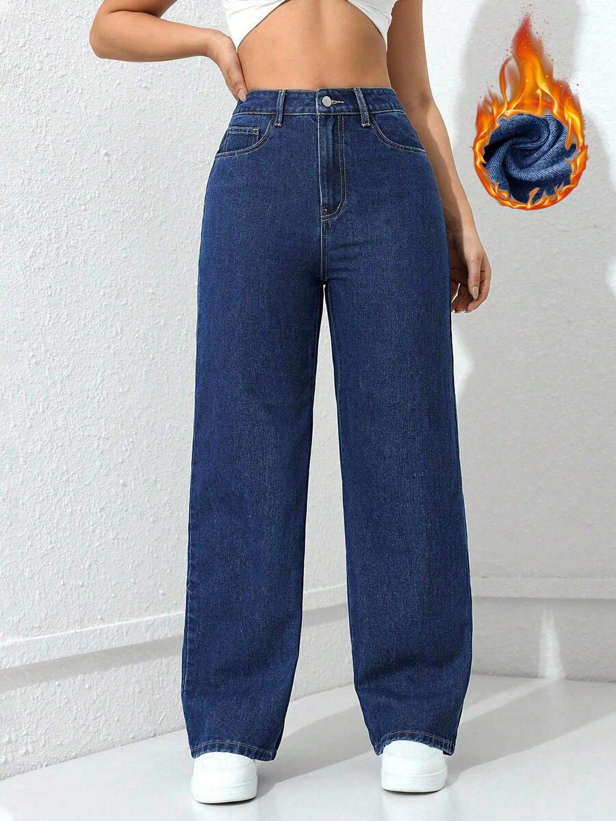 Jeanoix 休闲水洗高腰直筒牛仔裤 - 深色水洗藍 - 查看 1