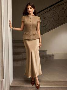 ZEYLAH 2pcs Elegant Satin Patchwork Set - Khaki - View 6