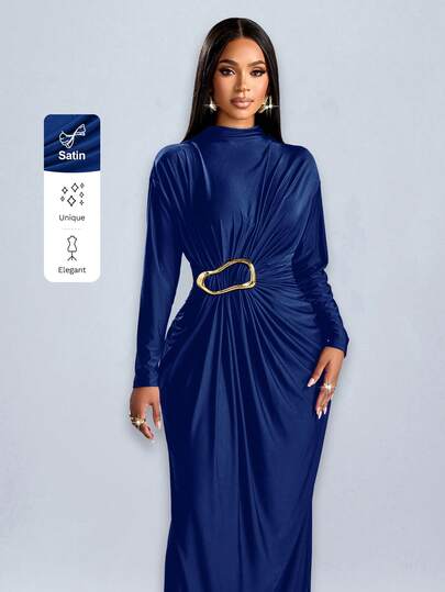 SOLERSUN 女士优雅假日纯色长袖金属装饰紧身连衣裙长款女装度假浪漫婚礼宾客毕业舞会节日