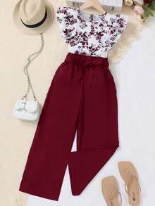 2pcs/Set Tween Girls Floral Print Round Neck Top & Belted Solid Color Pants - Burgundy - View 3