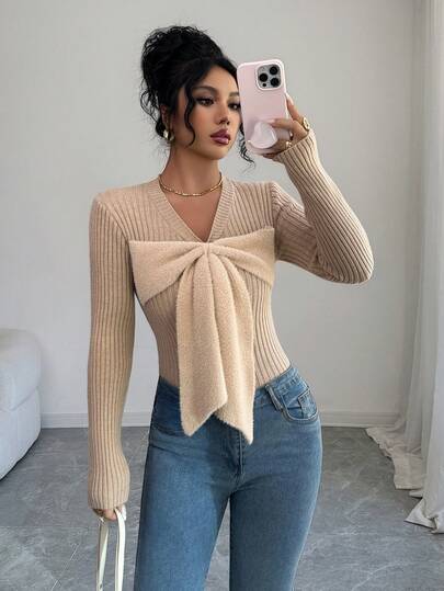 Elenzga Women's Elegant Soft V-Neck Oversized Bow Solid Color Long Sleeve Pullover Sweater, Christmas & New Year Gift