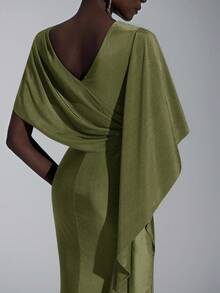 Elitara Elegant Luxurious Navy Blue Satin Ruffle Sleeve Sexy Slit Fishtail Bridesmaid Dress