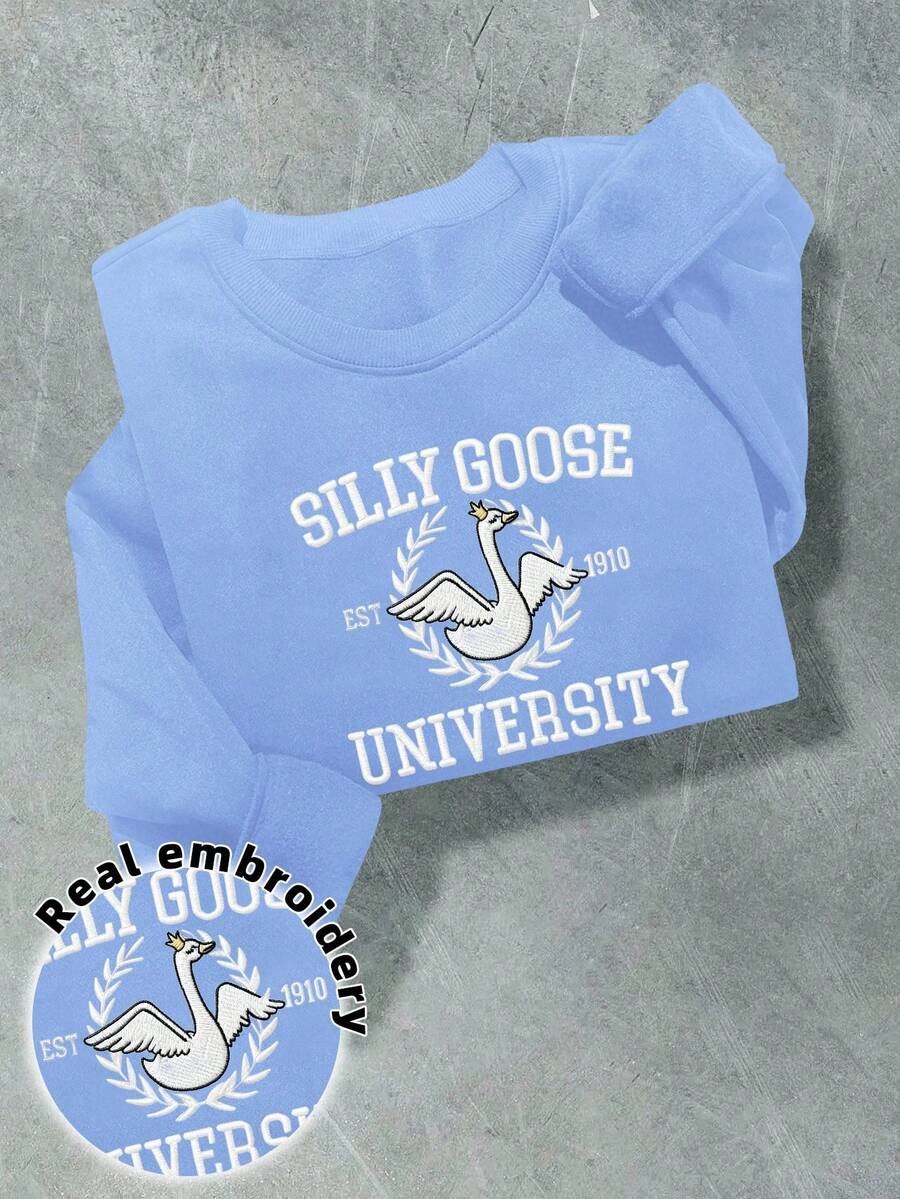 INAWLY Fashionable Streetwear Men's Letter & Swan Embroidery Loose Fit Crew Neck Long Sleeve Sweatshirt - Baby Blue - View 1