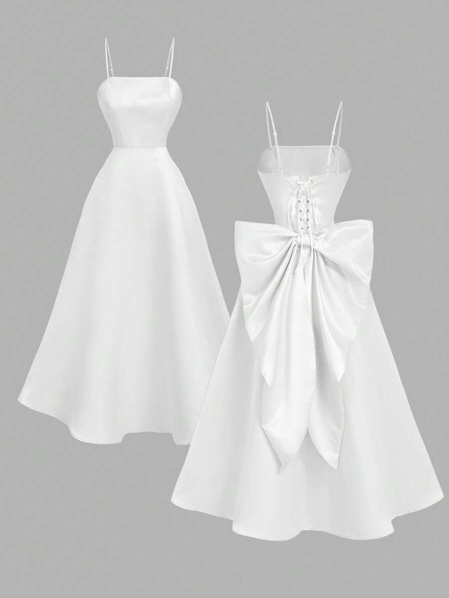 SHEIN MOD 杏色露背蝴蝶结缎面中长连衣裙 - 白色 - 查看 1