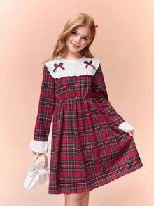 Tween Girl Ruffled Collar & Cuffs Patchwork Buttoned A-Line Dress, White & Brown,Holiday,Summer,Travel - Red - View 4
