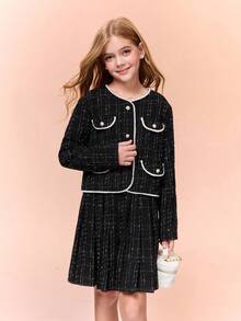 青少年女孩优雅仿珍珠饰边夹克和裙子套装，秋季 - 黑色 - 查看 3