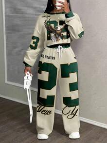 Slaydiva 休闲运动街头风格女士宽松两件套，老鹰，数字23，星星和字母印花，适合秋冬 - 彩色 - 查看 1