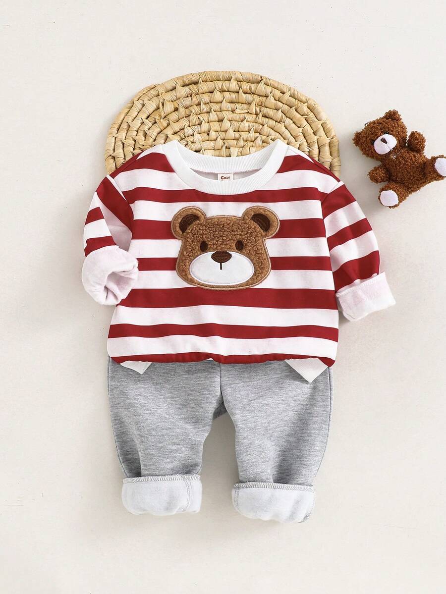 Cozy Pixies 2pcs Baby Boy Cartoon Bear Print Colorful Striped Crew Neck Long Sleeve Hoodie And Solid Color Elastic Waist Ankle Length Pants Set - Grey - View 1