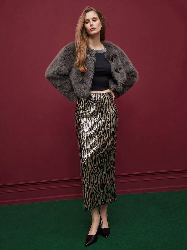 SHEIN Maija Saia Elegante com Fenda Alta e Remendos de Lantejoulas para Mulheres