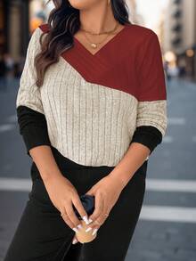SHEIN Camiseta de talla grande con bloqueo de color para primavera y otoño, camisetas gráficas para mujeres - Multicolor - Ver 4