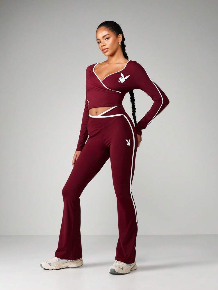 Missguided x Playboy High Rise Athletic Flare Pants With Side Stripe Detail Perfect For Yoga Training And Active Lifestyle