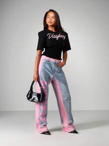 Missguided x Playboy 带有褶饰腰部细节的脚本印花短款短袖 T 恤 - 黑色 - 查看 3