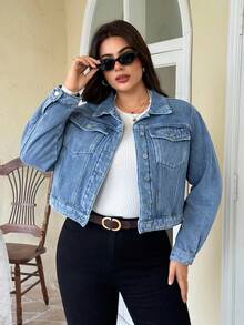 EMERY ROSE Chaqueta vaquera de manga larga con botones delanteros y forro térmico de unicolor para tallas grandes - Lavado ligero - Ver 4