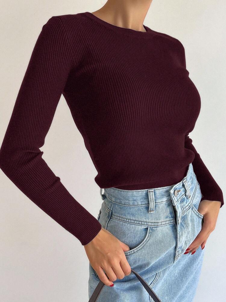 Women's Solid Color Round Neck Raglan Sleeve Ribbed Pullover Sweater