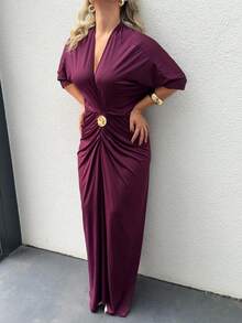 Jeta Ari Women's Solid Color Overlap V-Neck Batwing Sleeve Pleated Elegant Dress Formal Dresses For Wedding Guest - Purple - View 3
