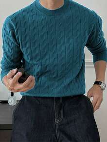 Claim Dot 男士纯色简约圆领长袖针织衫，休闲日常穿着男士麻花针织衫，绿松石色男士毛衣 - 水鴨藍 - 查看 5
