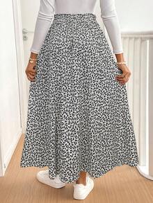 SHEIN Tall CURVE 大码简约印花开衩下摆半身裙 - 杏色 - 查看 2