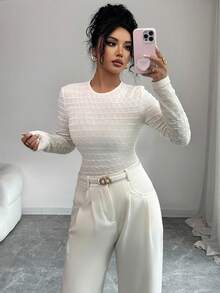 Rafferiza 女士优雅杏色泡泡雪纺针织柔软韩版休闲百搭修身圆领上衣 - 杏色 - 查看 5